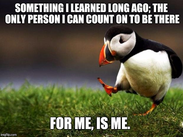 Unpopular Opinion Puffin | SOMETHING I LEARNED LONG AGO; THE ONLY PERSON I CAN COUNT ON TO BE THERE; FOR ME, IS ME. | image tagged in memes,unpopular opinion puffin | made w/ Imgflip meme maker