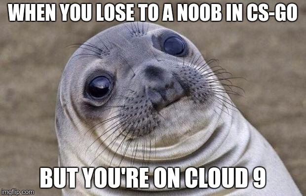 Awkward Moment Sealion | WHEN YOU LOSE TO A NOOB IN CS-GO; BUT YOU'RE ON CLOUD 9 | image tagged in memes,awkward moment sealion | made w/ Imgflip meme maker