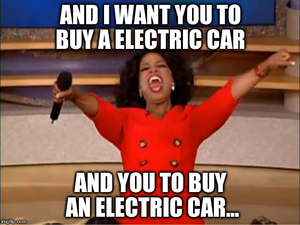 Oprah You Get A Meme | AND I WANT YOU TO BUY A ELECTRIC CAR AND YOU TO BUY AN ELECTRIC CAR... | image tagged in memes,oprah you get a | made w/ Imgflip meme maker