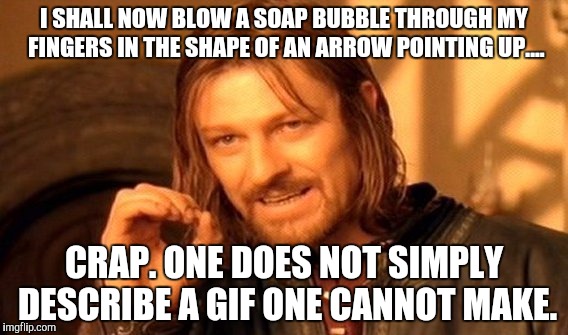 One Does Not Simply Meme | I SHALL NOW BLOW A SOAP BUBBLE THROUGH MY FINGERS IN THE SHAPE OF AN ARROW POINTING UP.... CRAP. ONE DOES NOT SIMPLY DESCRIBE A GIF ONE CANN | image tagged in memes,one does not simply | made w/ Imgflip meme maker
