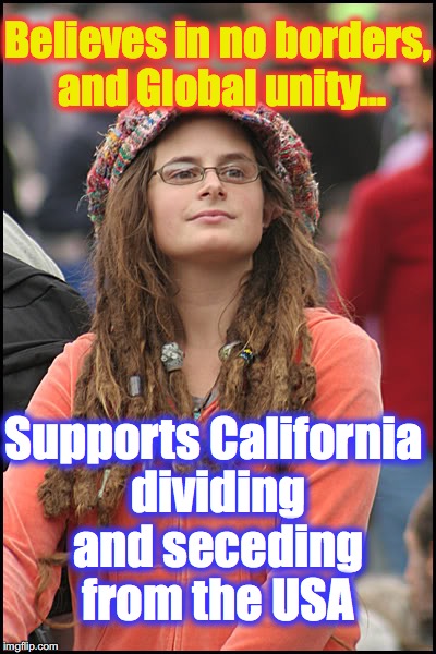 yes, it's that hypocritical | Believes in no borders, and Global unity... Supports California dividing and seceding from the USA | image tagged in hippie girl big,globalism | made w/ Imgflip meme maker
