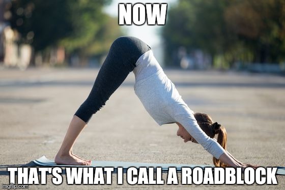 Yoga Pants in Action | NOW; THAT'S WHAT I CALL A ROADBLOCK | image tagged in yoga pants in action,memes,funny,road signs | made w/ Imgflip meme maker