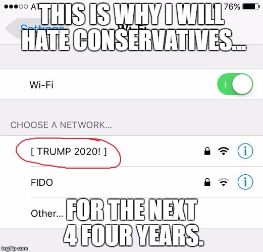 THIS IS WHY I WILL HATE CONSERVATIVES... FOR THE NEXT 4 FOUR YEARS. | image tagged in trump 2020,trump,donald trump,conservatives,liberals | made w/ Imgflip meme maker