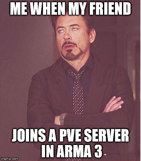 ME WHEN MY FRIEND; JOINS A PVE SERVER IN ARMA 3 | image tagged in arma 3 | made w/ Imgflip meme maker