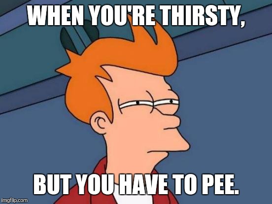 Futurama Fry | WHEN YOU'RE THIRSTY, BUT YOU HAVE TO PEE. | image tagged in memes,futurama fry | made w/ Imgflip meme maker