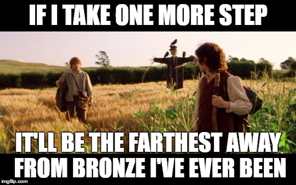 Samwise | IF I TAKE ONE MORE STEP; IT'LL BE THE FARTHEST AWAY FROM BRONZE I'VE EVER BEEN | image tagged in samwise | made w/ Imgflip meme maker