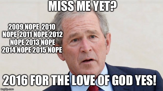 How the left views Bush today | MISS ME YET? 2009 NOPE  2010 NOPE  2011 NOPE 2012 NOPE 2013 NOPE 2014 NOPE 2015 NOPE; 2016 FOR THE LOVE OF GOD YES! | image tagged in george w bush,memes | made w/ Imgflip meme maker