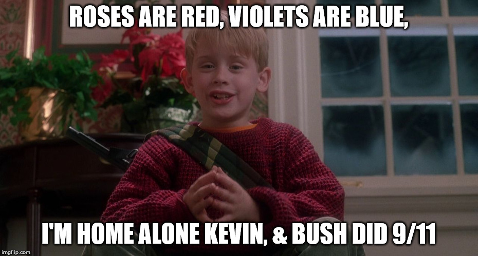 At least he  knows the truth | ROSES ARE RED, VIOLETS ARE BLUE, I'M HOME ALONE KEVIN, & BUSH DID 9/11 | image tagged in home alone,9/11,memes,dank memes,offensive,george bush | made w/ Imgflip meme maker