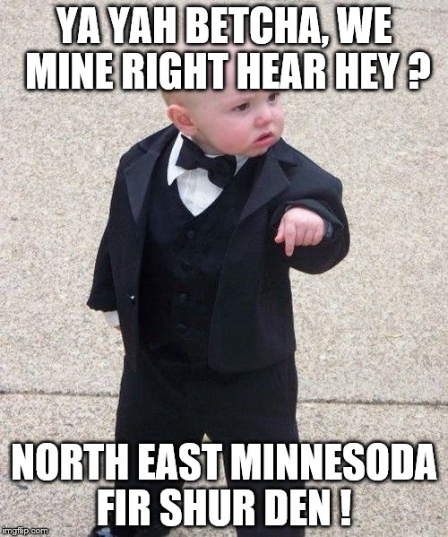 Baby Godfather | YA YAH BETCHA, WE MINE RIGHT HEAR HEY ? NORTH EAST MINNESODA FIR SHUR DEN ! | image tagged in memes,baby godfather | made w/ Imgflip meme maker