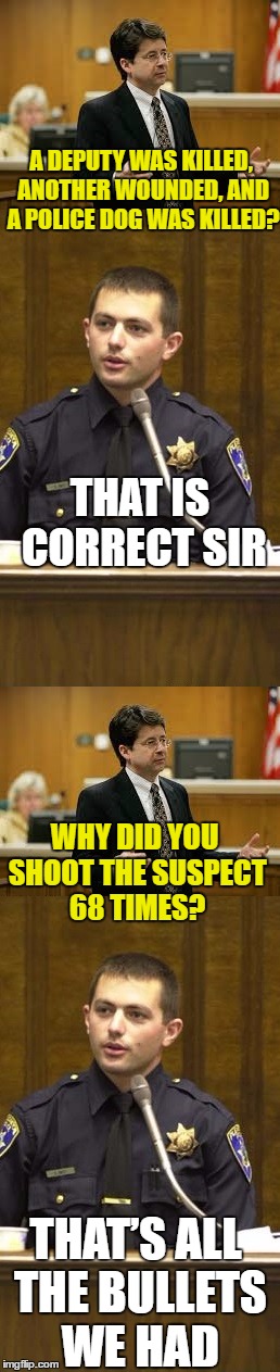 Lawyer and Cop testifying | A DEPUTY WAS KILLED, ANOTHER WOUNDED, AND A POLICE DOG WAS KILLED? THAT IS CORRECT SIR; WHY DID YOU SHOOT THE SUSPECT 68 TIMES? THAT’S ALL THE BULLETS WE HAD | image tagged in lawyer and cop testifying,angilo freeland,true story | made w/ Imgflip meme maker