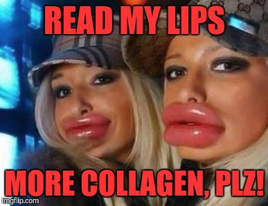 Duck Face Chicks | READ MY LIPS; MORE COLLAGEN, PLZ! | image tagged in memes,duck face chicks | made w/ Imgflip meme maker