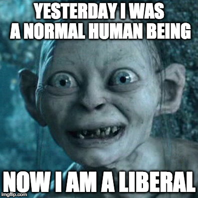 Gollumfinger | YESTERDAY I WAS A NORMAL HUMAN BEING; NOW I AM A LIBERAL | image tagged in memes gollum liberal libtard cuck lord of the rings college university debt | made w/ Imgflip meme maker