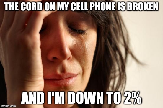 First World Problems Meme | THE CORD ON MY CELL PHONE IS BROKEN; AND I'M DOWN TO 2% | image tagged in memes,first world problems | made w/ Imgflip meme maker
