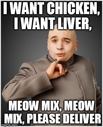 Dr Evil Meme | I WANT CHICKEN, I WANT LIVER, MEOW MIX, MEOW MIX, PLEASE DELIVER | image tagged in memes,dr evil | made w/ Imgflip meme maker
