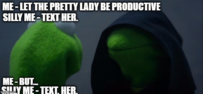 Evil Kermit | ME - LET THE PRETTY LADY BE PRODUCTIVE; SILLY ME - TEXT HER. ME - BUT... SILLY ME - TEXT. HER. | image tagged in evil kermit | made w/ Imgflip meme maker