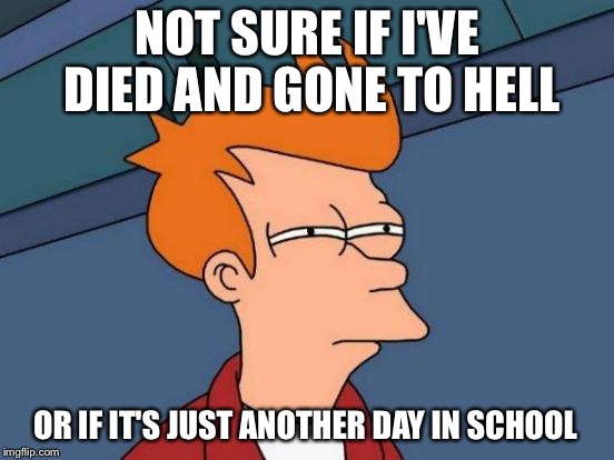 Futurama Fry Meme | NOT SURE IF I'VE DIED AND GONE TO HELL; OR IF IT'S JUST ANOTHER DAY IN SCHOOL | image tagged in memes,futurama fry | made w/ Imgflip meme maker