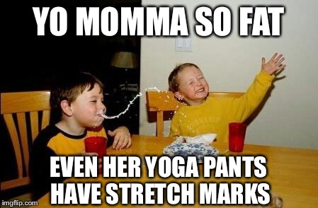 Better late than never | YO MOMMA SO FAT; EVEN HER YOGA PANTS HAVE STRETCH MARKS | image tagged in yo momma so fat | made w/ Imgflip meme maker