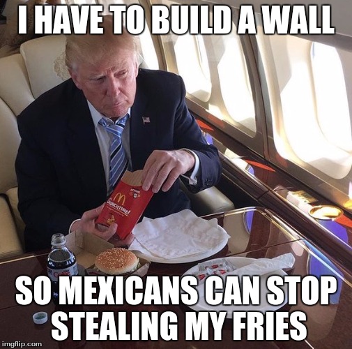 Trump Mcdonalds | I HAVE TO BUILD A WALL; SO MEXICANS CAN STOP STEALING MY FRIES | image tagged in trump mcdonalds | made w/ Imgflip meme maker