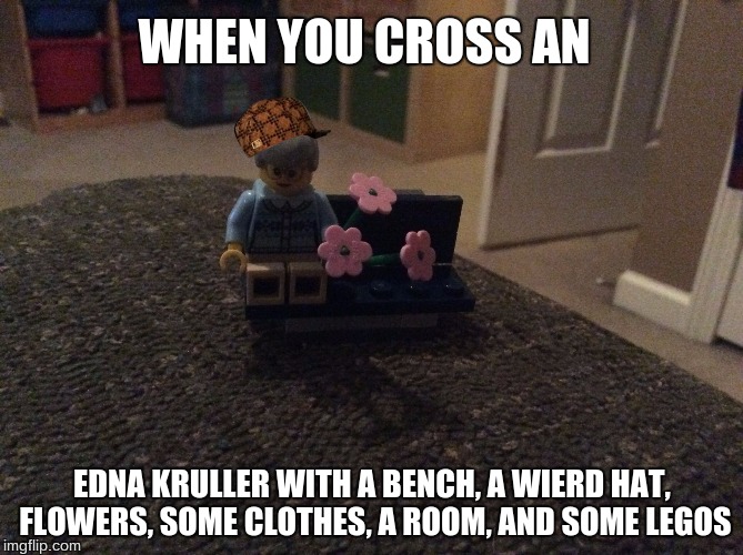 Edna Kruller | WHEN YOU CROSS AN; EDNA KRULLER WITH A BENCH, A WIERD HAT, FLOWERS, SOME CLOTHES, A ROOM, AND SOME LEGOS | image tagged in edna kruller,scumbag | made w/ Imgflip meme maker