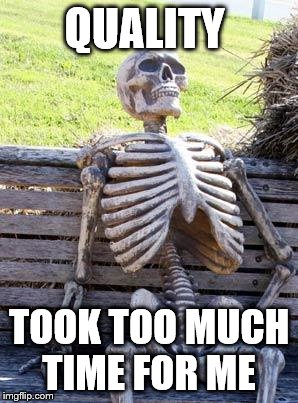 Waiting Skeleton Meme | QUALITY; TOOK TOO MUCH TIME FOR ME | image tagged in memes,waiting skeleton | made w/ Imgflip meme maker