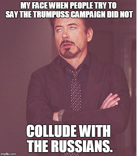 Face You Make Robert Downey Jr Meme | MY FACE WHEN PEOPLE TRY TO SAY THE TRUMPUSS CAMPAIGN DID NOT; COLLUDE WITH THE RUSSIANS. | image tagged in memes,face you make robert downey jr | made w/ Imgflip meme maker