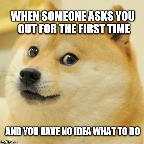 Doge | WHEN SOMEONE ASKS YOU OUT FOR THE FIRST TIME; AND YOU HAVE NO IDEA WHAT TO DO | image tagged in memes,doge | made w/ Imgflip meme maker