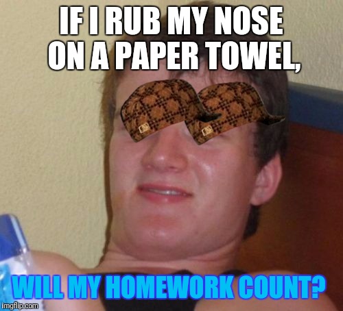 10 Guy Meme | IF I RUB MY NOSE ON A PAPER TOWEL, WILL MY HOMEWORK COUNT? | image tagged in memes,10 guy,scumbag | made w/ Imgflip meme maker