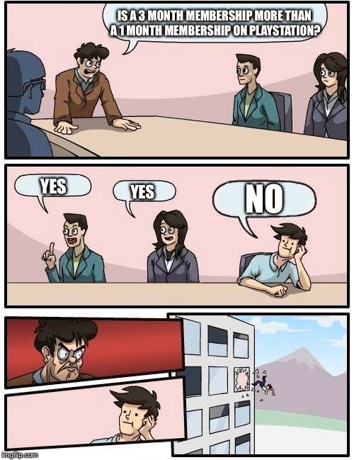 Questions Questions Questions | IS A 3 MONTH MEMBERSHIP MORE THAN A 1 MONTH MEMBERSHIP ON PLAYSTATION? YES; NO; YES | image tagged in memes,boardroom meeting suggestion,u need some milk,questions questions questions | made w/ Imgflip meme maker