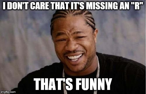 I DON'T CARE THAT IT'S MISSING AN "R" THAT'S FUNNY | image tagged in memes,yo dawg heard you | made w/ Imgflip meme maker