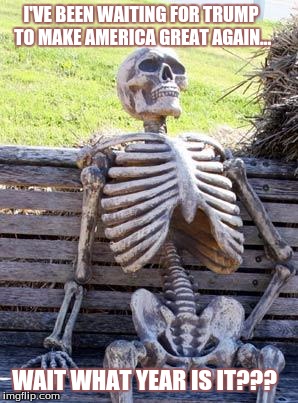 Waiting Skeleton | I'VE BEEN WAITING FOR TRUMP TO MAKE AMERICA GREAT AGAIN... WAIT WHAT YEAR IS IT??? | image tagged in memes,waiting skeleton | made w/ Imgflip meme maker