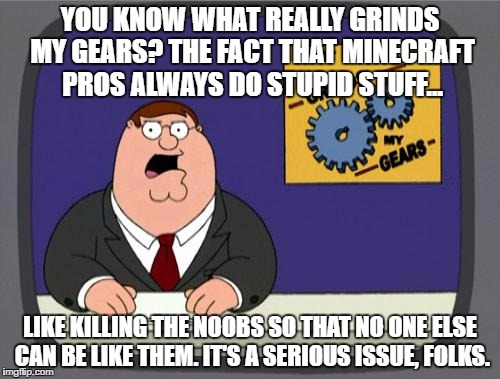 you know what really grinds my gears | YOU KNOW WHAT REALLY GRINDS MY GEARS? THE FACT THAT MINECRAFT PROS ALWAYS DO STUPID STUFF... LIKE KILLING THE NOOBS SO THAT NO ONE ELSE CAN BE LIKE THEM. IT'S A SERIOUS ISSUE, FOLKS. | image tagged in you know what really grinds my gears | made w/ Imgflip meme maker