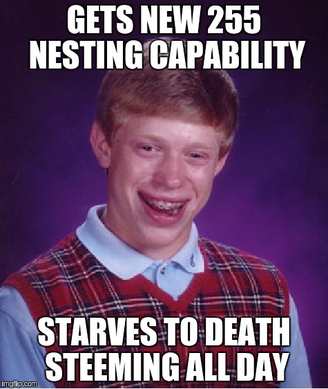 Bad Luck Brian Meme | GETS NEW 255 NESTING CAPABILITY; STARVES TO DEATH STEEMING ALL DAY | image tagged in memes,bad luck brian | made w/ Imgflip meme maker