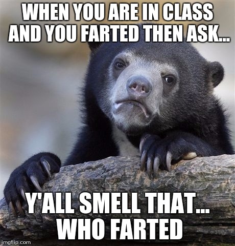 Confession Bear | WHEN YOU ARE IN CLASS AND YOU FARTED THEN ASK... Y'ALL SMELL THAT... WHO FARTED | image tagged in memes,confession bear | made w/ Imgflip meme maker