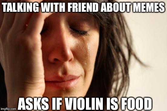 First World Problems Meme | TALKING WITH FRIEND ABOUT MEMES; ASKS IF VIOLIN IS FOOD | image tagged in memes,first world problems | made w/ Imgflip meme maker