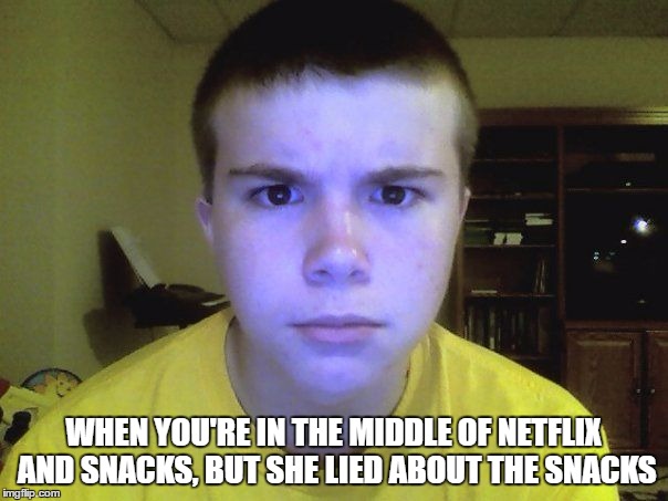 WHEN YOU'RE IN THE MIDDLE OF NETFLIX AND SNACKS, BUT SHE LIED ABOUT THE SNACKS | image tagged in that face you make when | made w/ Imgflip meme maker