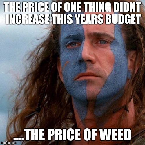 braveheart | THE PRICE OF ONE THING DIDNT INCREASE THIS YEARS BUDGET; ....THE PRICE OF WEED | image tagged in braveheart | made w/ Imgflip meme maker