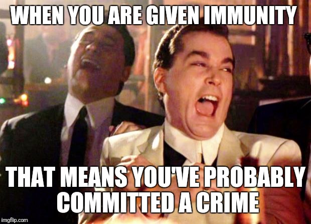 Goodfellas Laugh | WHEN YOU ARE GIVEN IMMUNITY; THAT MEANS YOU'VE PROBABLY COMMITTED A CRIME | image tagged in goodfellas laugh | made w/ Imgflip meme maker