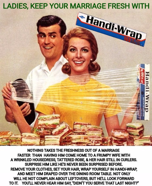 Thanks to BrandyJackson for finding this old ad art.  | LADIES, KEEP YOUR MARRIAGE FRESH WITH; NOTHING TAKES THE FRESHNESS OUT OF A MARRIAGE FASTER  THAN  HAVING HIM COME HOME TO A FRUMPY WIFE WITH A WRINKLED HOUSEDRESS, TATTERED ROBE, & HER HAIR STILL IN CURLERS. SURPRISE HIM LIKE HE'S NEVER BEEN SURPRISED BEFORE. REMOVE YOUR CLOTHES, SET YOUR HAIR, WRAP YOURSELF IN HANDI-WRAP, AND MEET HIM DRAPED OVER THE DINING ROOM TABLE. NOT ONLY WILL HE NOT COMPLAIN ABOUT LEFTOVERS, BUT HE'LL LOOK FORWARD TO IT.   
YOU'LL NEVER HEAR HIM SAY, "DIDN'T YOU SERVE THAT LAST NIGHT?" | image tagged in handiwrap ad template,ad parody,handi wrap,marriage,kinky | made w/ Imgflip meme maker