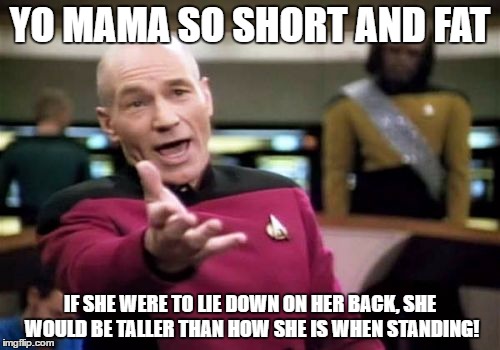 Comment if you Get the Joke! | YO MAMA SO SHORT AND FAT; IF SHE WERE TO LIE DOWN ON HER BACK, SHE WOULD BE TALLER THAN HOW SHE IS WHEN STANDING! | image tagged in memes,picard wtf | made w/ Imgflip meme maker