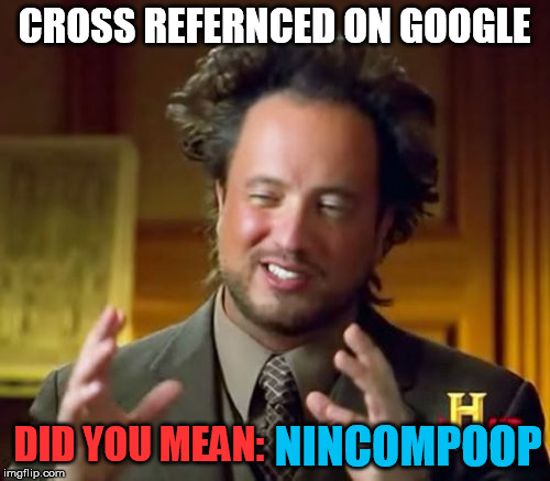 Ancient Aliens Meme | CROSS REFERNCED ON GOOGLE NINCOMPOOP DID YOU MEAN: | image tagged in memes,ancient aliens | made w/ Imgflip meme maker