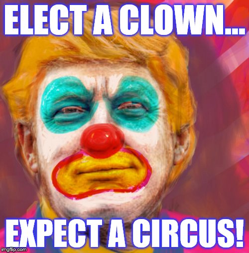 TRUMP CLOWN | ELECT A CLOWN... EXPECT A CIRCUS! | image tagged in donald trump,donald trump the clown,dump trump | made w/ Imgflip meme maker