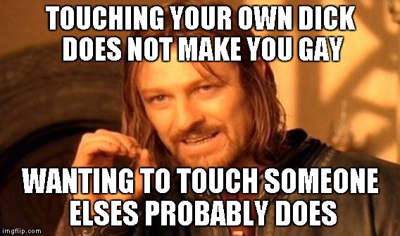 One Does Not Simply Meme | TOUCHING YOUR OWN DICK DOES NOT MAKE YOU GAY WANTING TO TOUCH SOMEONE ELSES PROBABLY DOES | image tagged in memes,one does not simply | made w/ Imgflip meme maker