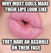 Butthole lips | WHY MUST GIRLS MAKE THEIR LIPS LOOK LIKE; THEY HAVE AN ASSHOLE ON THEIR FACE | image tagged in butt face | made w/ Imgflip meme maker