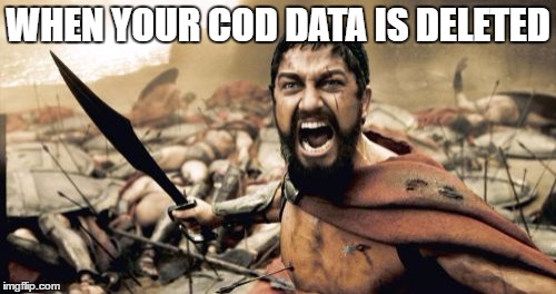 Sparta Leonidas | WHEN YOUR COD DATA IS DELETED | image tagged in memes,sparta leonidas | made w/ Imgflip meme maker