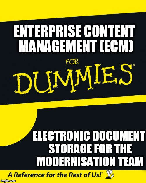 dummies | ENTERPRISE CONTENT MANAGEMENT (ECM); ELECTRONIC DOCUMENT STORAGE FOR THE MODERNISATION TEAM | image tagged in for dummies | made w/ Imgflip meme maker
