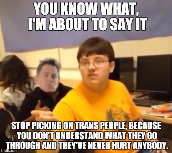 YOU KNOW WHAT, I'M ABOUT TO SAY IT; STOP PICKING ON TRANS PEOPLE, BECAUSE YOU DON'T UNDERSTAND WHAT THEY GO THROUGH AND THEY'VE NEVER HURT ANYBODY. | image tagged in memes,you know what kid,transgender | made w/ Imgflip meme maker