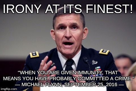 IRONY AT ITS FINEST! “WHEN YOU ARE GIVEN IMMUNITY, THAT MEANS YOU HAVE PROBABLY COMMITTED A CRIME.”  — MICHAEL FLYNN, SEPTEMBER 25, 2016 — | image tagged in michael flynn,trump,russia,immunity,irony,treason | made w/ Imgflip meme maker