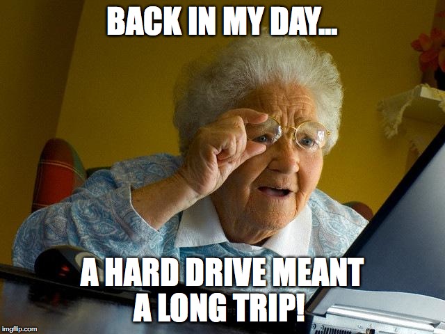 NewSpeak | BACK IN MY DAY... A HARD DRIVE MEANT A LONG TRIP! | image tagged in memes,grandma finds the internet | made w/ Imgflip meme maker