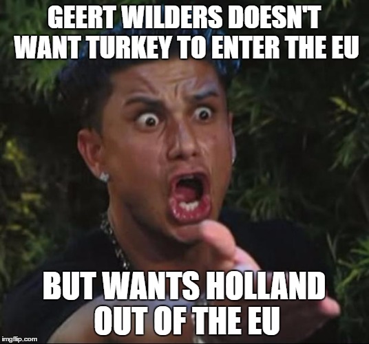 What The Fuck????? | GEERT WILDERS DOESN'T WANT TURKEY TO ENTER THE EU; BUT WANTS HOLLAND OUT OF THE EU | image tagged in dj pauly d,what the fuck,holland,european union,turkey,stupidity | made w/ Imgflip meme maker
