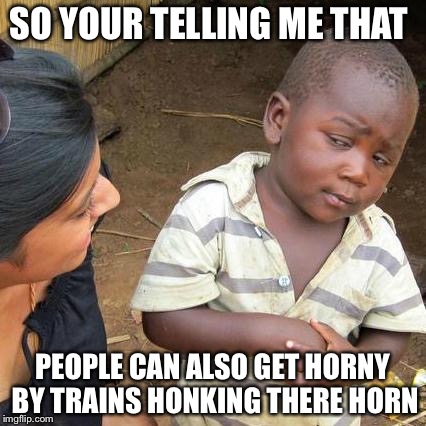 Third World Skeptical Kid | SO YOUR TELLING ME THAT; PEOPLE CAN ALSO GET HORNY BY TRAINS HONKING THERE HORN | image tagged in memes,third world skeptical kid | made w/ Imgflip meme maker